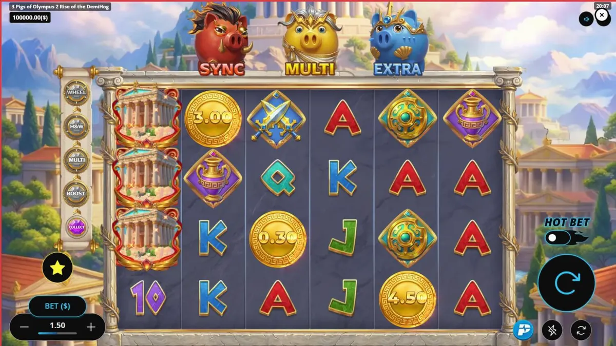 Tampilan antarmuka mobile slot 3 Pigs of Olympus 2 Rise of the DemiHog dengan grafis mitologi Yunani