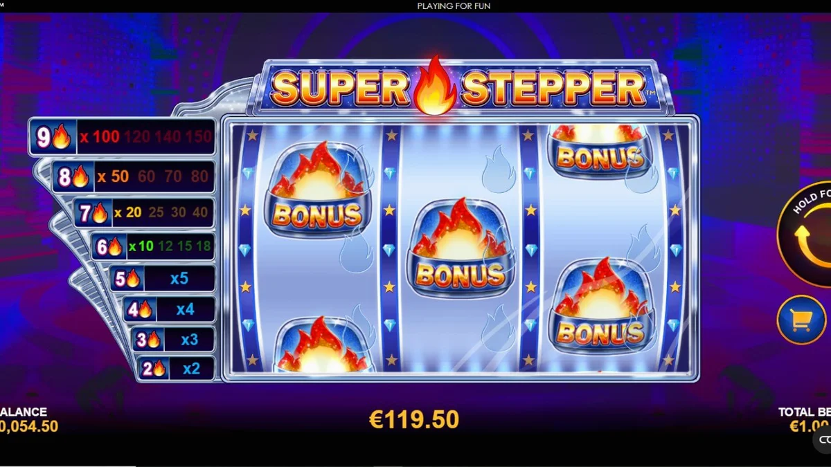Tampilan visual slot Super Stepper dengan tema neon ungu dan grid 3x3 yang futuristik.